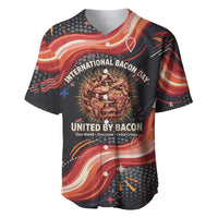 International Bacon Day United By Bacon Baseball Jersey Retro Bacon Globe and Cool Bacon Mascot Graphic