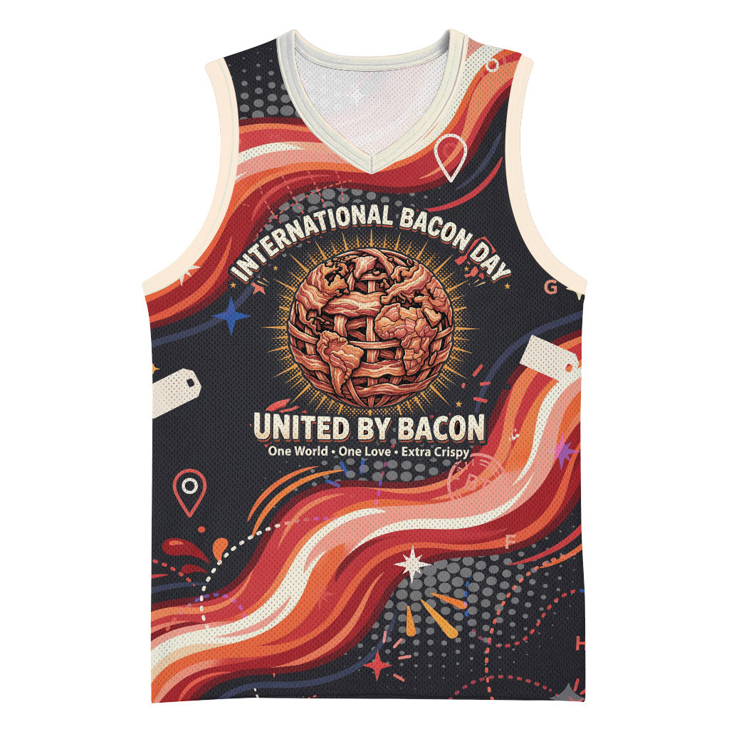 International Bacon Day United By Bacon Basketball Jersey Retro Bacon Globe and Cool Bacon Mascot Graphic
