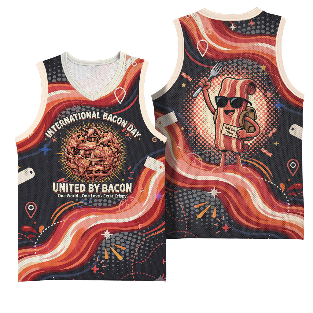 International Bacon Day United By Bacon Basketball Jersey Retro Bacon Globe and Cool Bacon Mascot Graphic