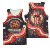 International Bacon Day United By Bacon Basketball Jersey Retro Bacon Globe and Cool Bacon Mascot Graphic