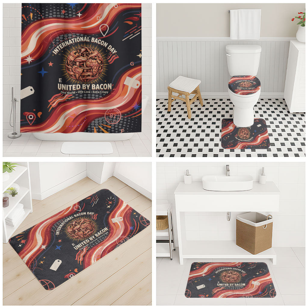 International Bacon Day United By Bacon Bathroom Set Retro Bacon Globe and Cool Bacon Mascot Graphic