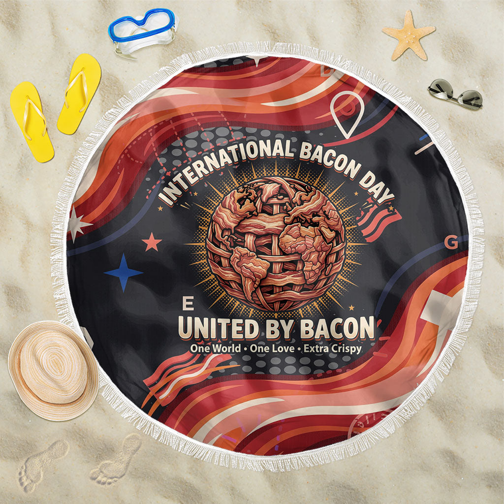 International Bacon Day United By Bacon Beach Blanket Retro Bacon Globe and Cool Bacon Mascot Graphic