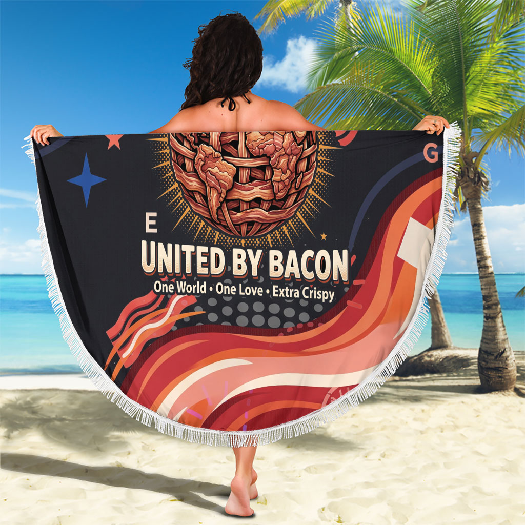 International Bacon Day United By Bacon Beach Blanket Retro Bacon Globe and Cool Bacon Mascot Graphic