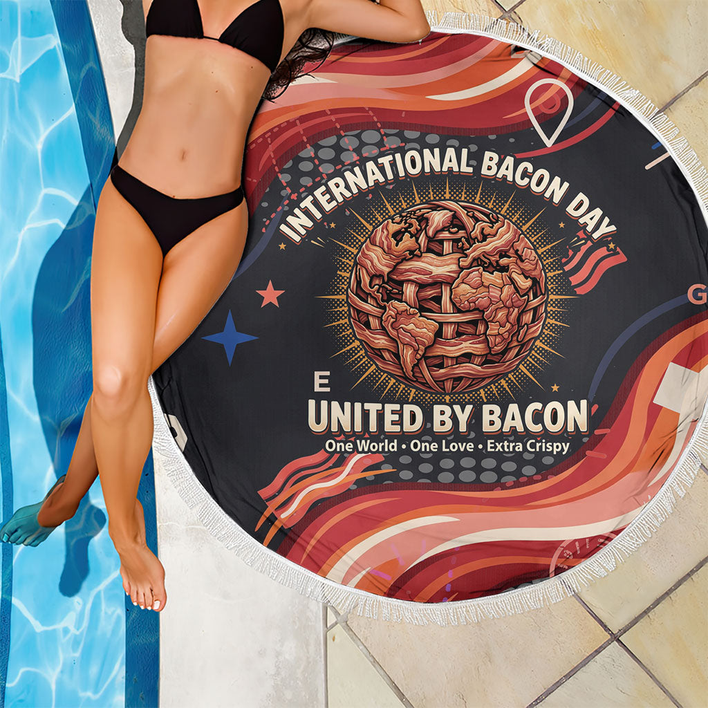 International Bacon Day United By Bacon Beach Blanket Retro Bacon Globe and Cool Bacon Mascot Graphic