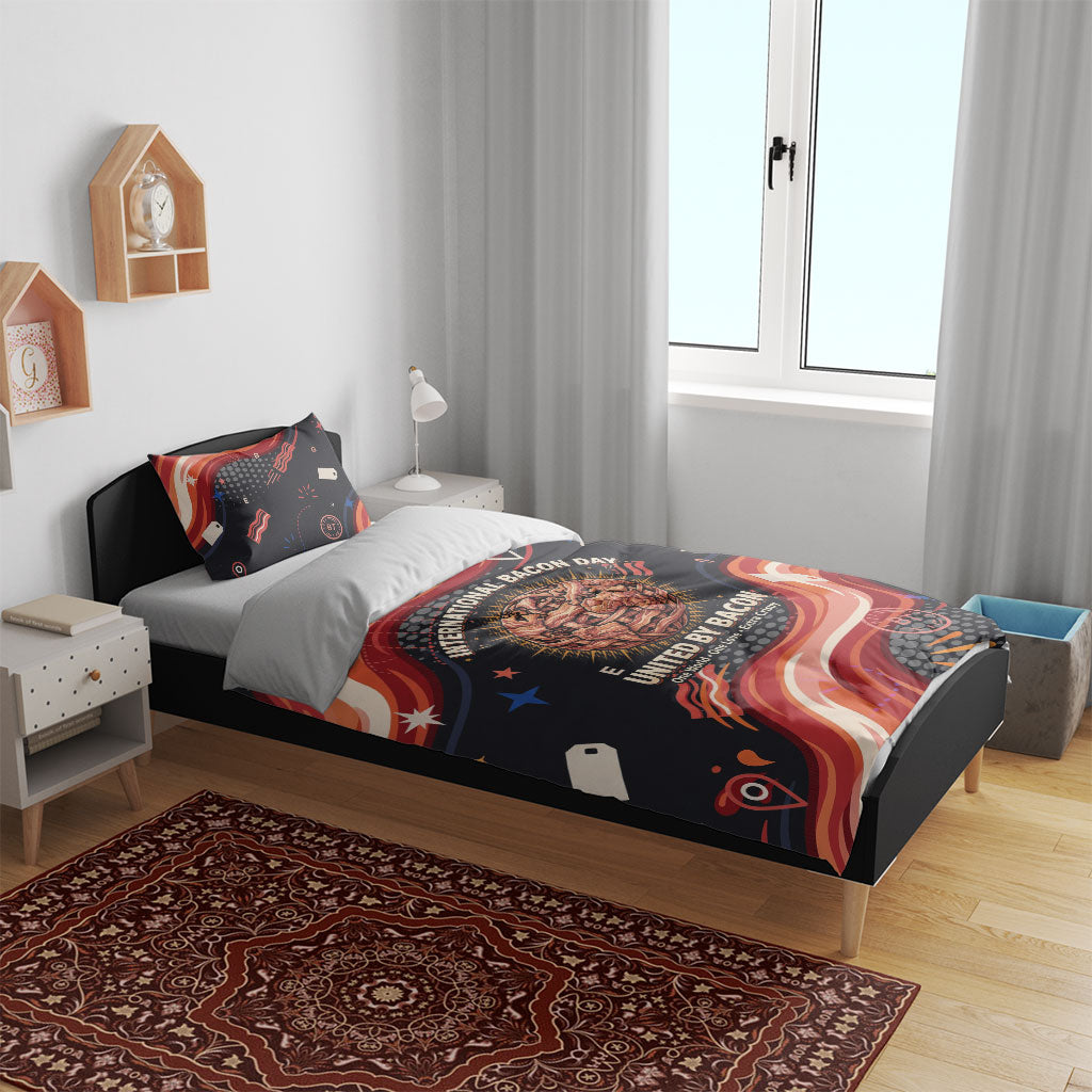International Bacon Day United By Bacon Bedding Set Retro Bacon Globe and Cool Bacon Mascot Graphic