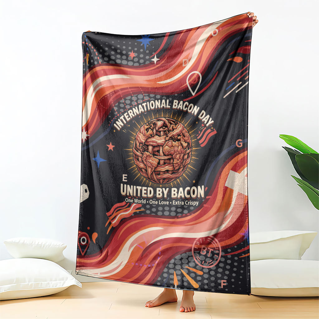International Bacon Day United By Bacon Blanket Retro Bacon Globe and Cool Bacon Mascot Graphic