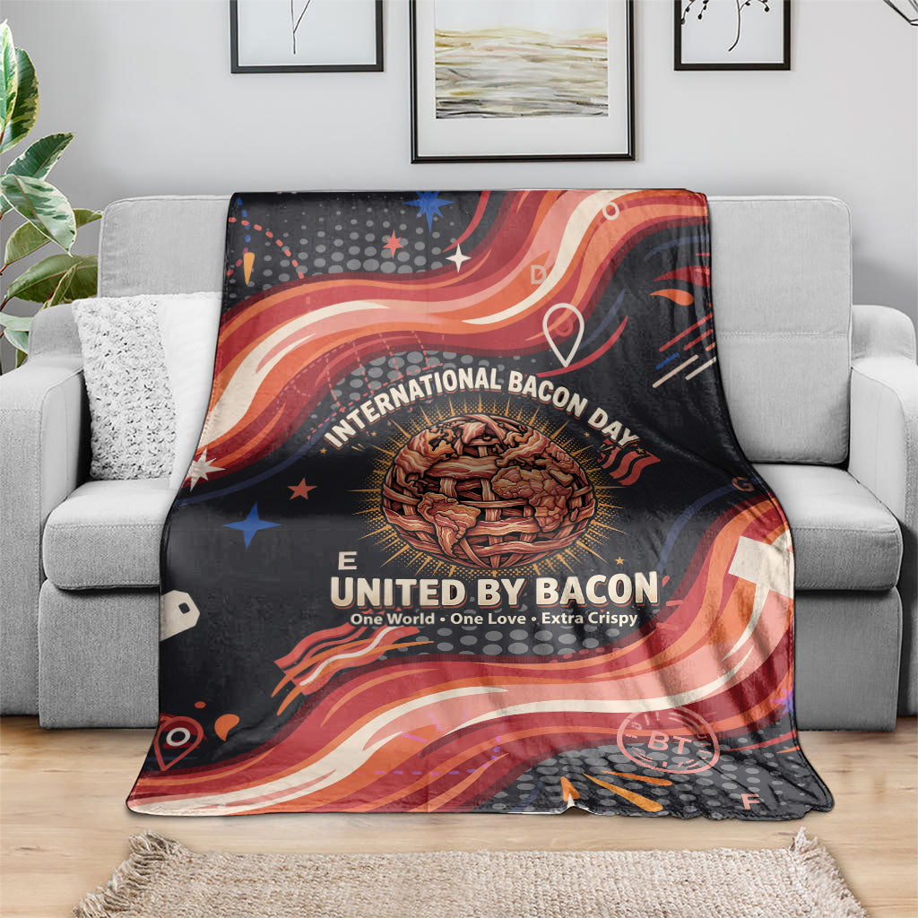 International Bacon Day United By Bacon Blanket Retro Bacon Globe and Cool Bacon Mascot Graphic