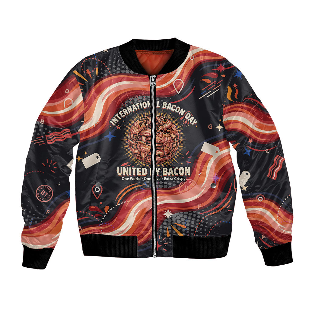 International Bacon Day United By Bacon Bomber Jacket Retro Bacon Globe and Cool Bacon Mascot Graphic
