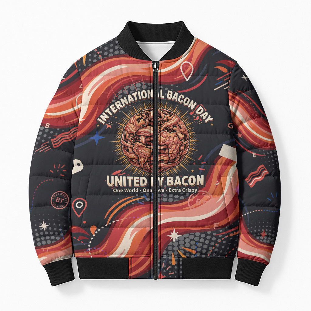 International Bacon Day United By Bacon Bomber Puffer Jacket Retro Bacon Globe and Cool Bacon Mascot Graphic