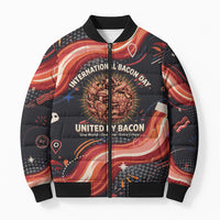 International Bacon Day United By Bacon Bomber Puffer Jacket Retro Bacon Globe and Cool Bacon Mascot Graphic