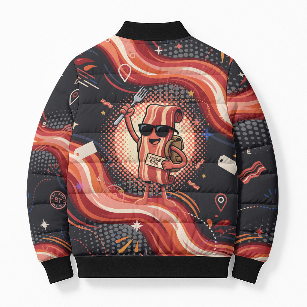 International Bacon Day United By Bacon Bomber Puffer Jacket Retro Bacon Globe and Cool Bacon Mascot Graphic