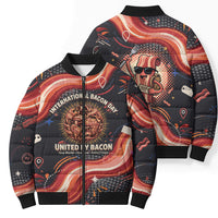 International Bacon Day United By Bacon Bomber Puffer Jacket Retro Bacon Globe and Cool Bacon Mascot Graphic