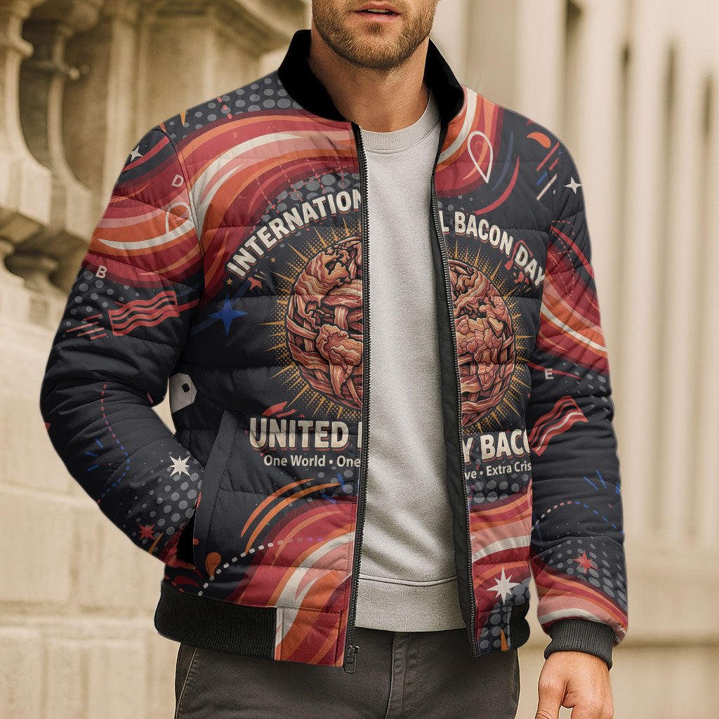 International Bacon Day United By Bacon Bomber Puffer Jacket Retro Bacon Globe and Cool Bacon Mascot Graphic