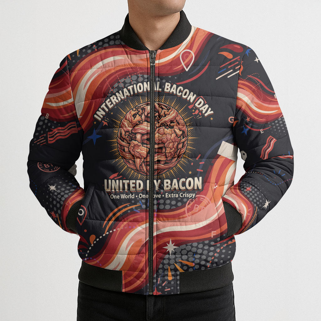 International Bacon Day United By Bacon Bomber Puffer Jacket Retro Bacon Globe and Cool Bacon Mascot Graphic