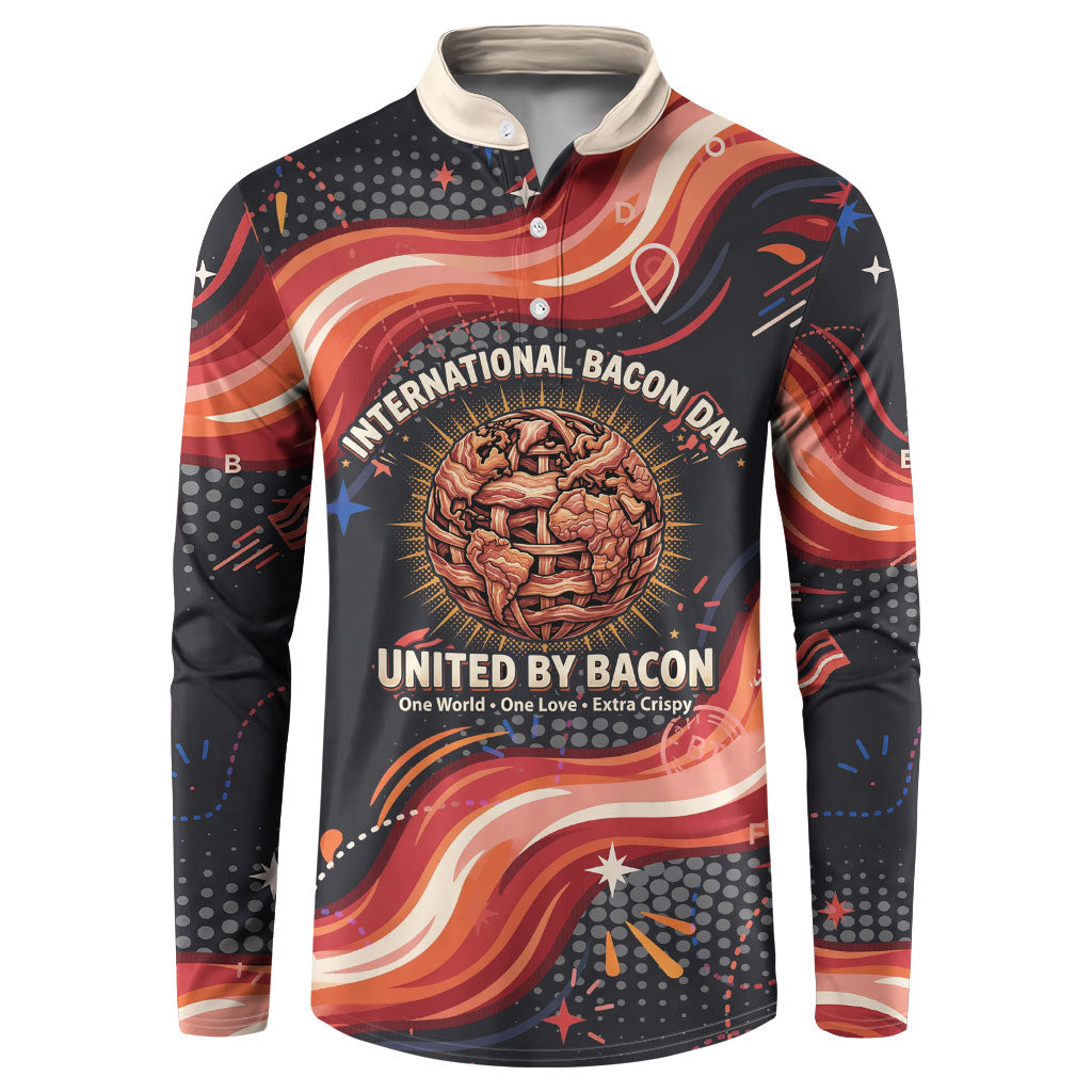 International Bacon Day United By Bacon Button Sweatshirt Retro Bacon Globe and Cool Bacon Mascot Graphic