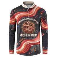 International Bacon Day United By Bacon Button Sweatshirt Retro Bacon Globe and Cool Bacon Mascot Graphic
