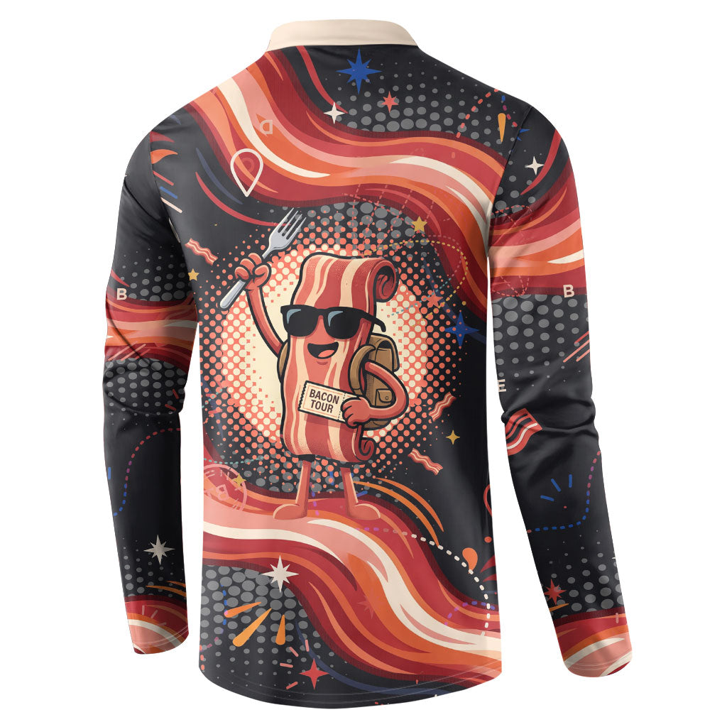 International Bacon Day United By Bacon Button Sweatshirt Retro Bacon Globe and Cool Bacon Mascot Graphic