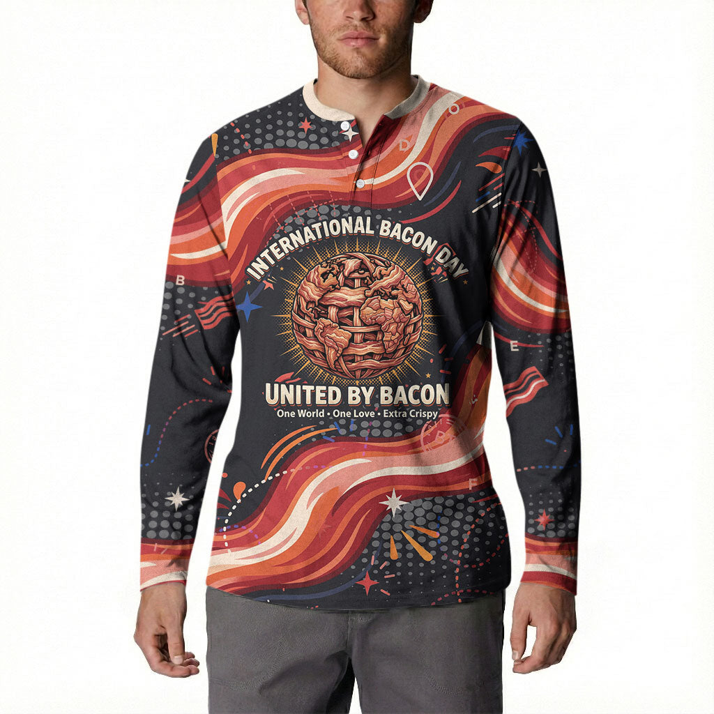 International Bacon Day United By Bacon Button Sweatshirt Retro Bacon Globe and Cool Bacon Mascot Graphic