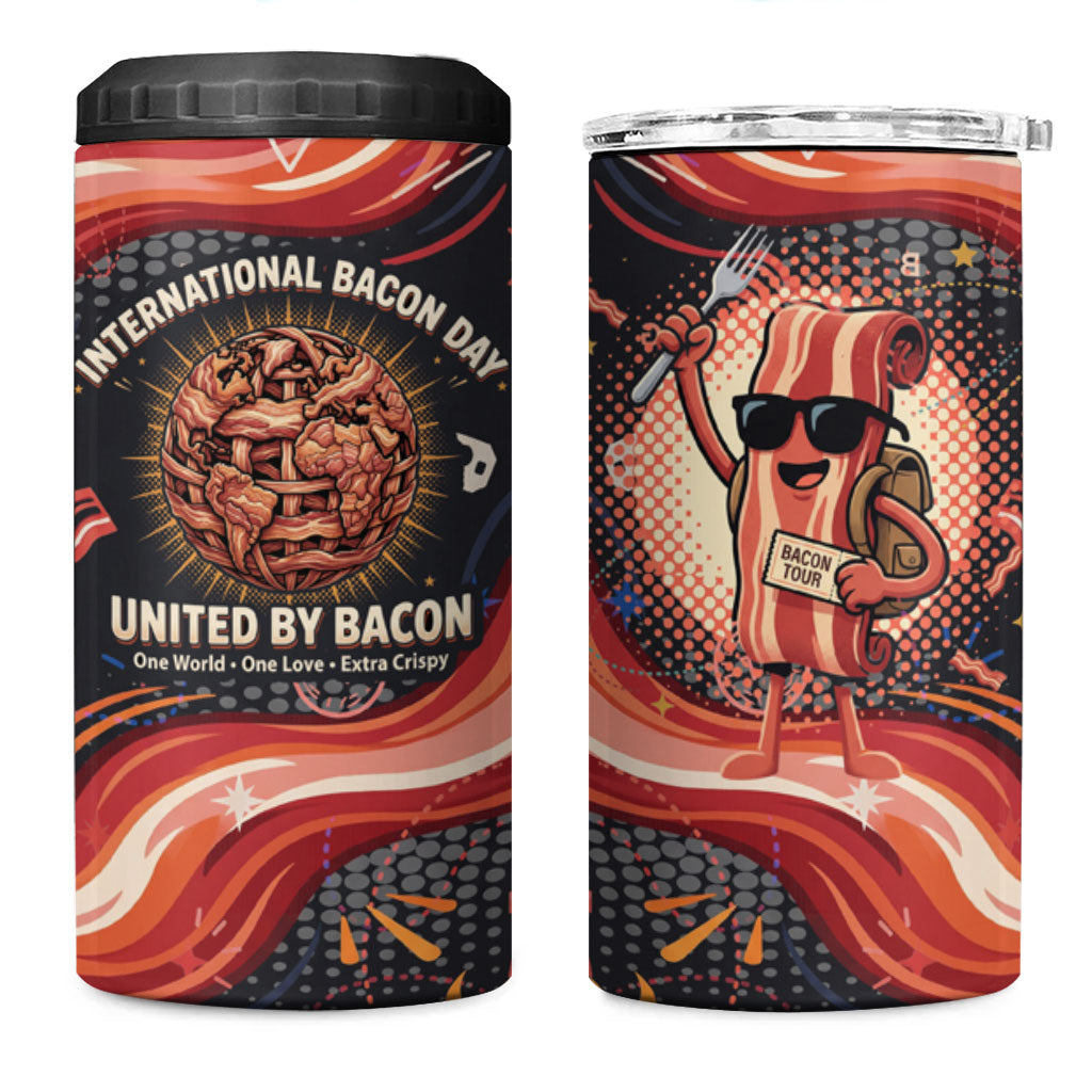 International Bacon Day United By Bacon 4 in 1 Can Cooler Tumbler Retro Bacon Globe and Cool Bacon Mascot Graphic