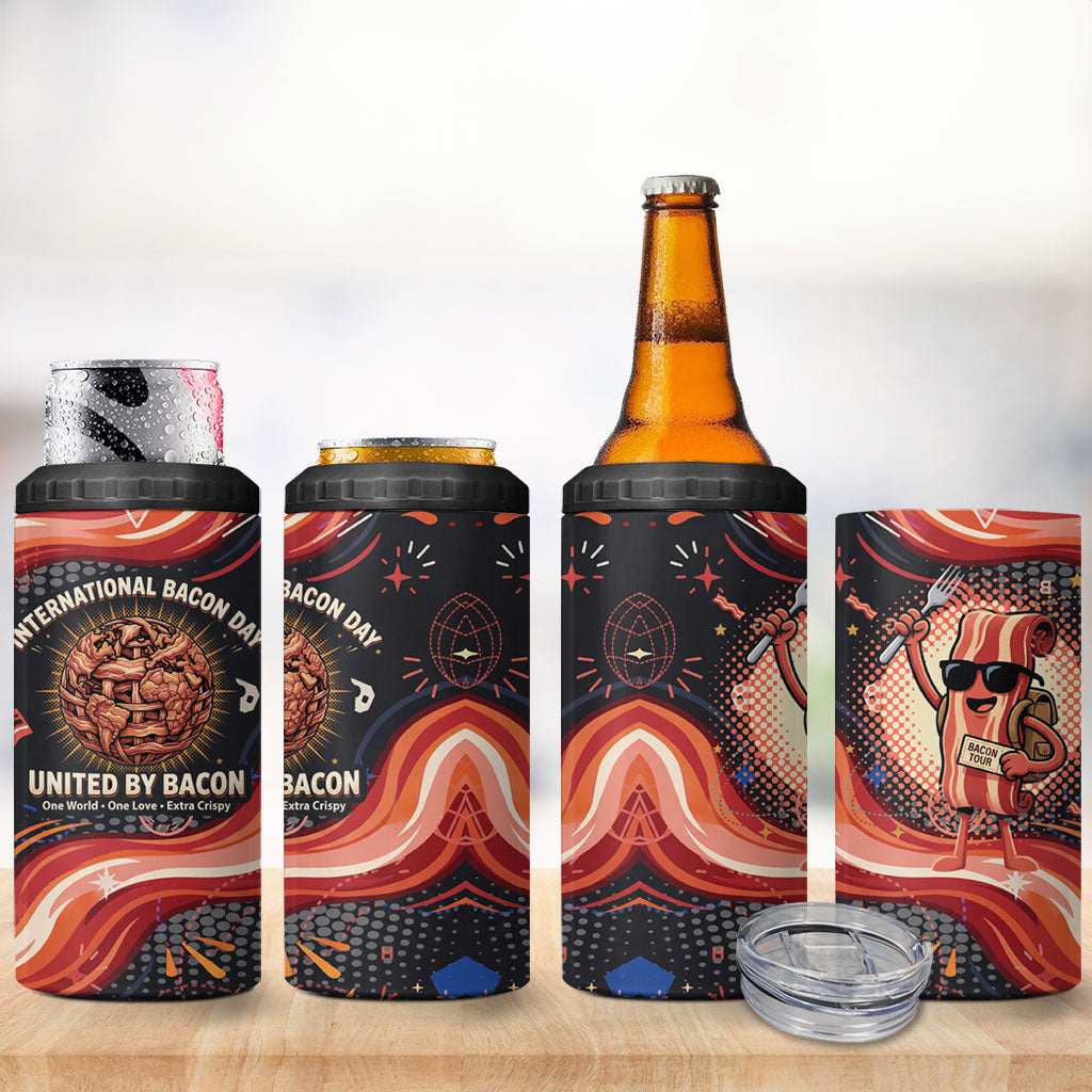 International Bacon Day United By Bacon 4 in 1 Can Cooler Tumbler Retro Bacon Globe and Cool Bacon Mascot Graphic