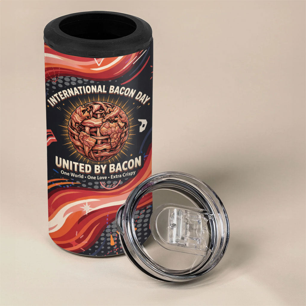 International Bacon Day United By Bacon 4 in 1 Can Cooler Tumbler Retro Bacon Globe and Cool Bacon Mascot Graphic