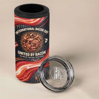 International Bacon Day United By Bacon 4 in 1 Can Cooler Tumbler Retro Bacon Globe and Cool Bacon Mascot Graphic