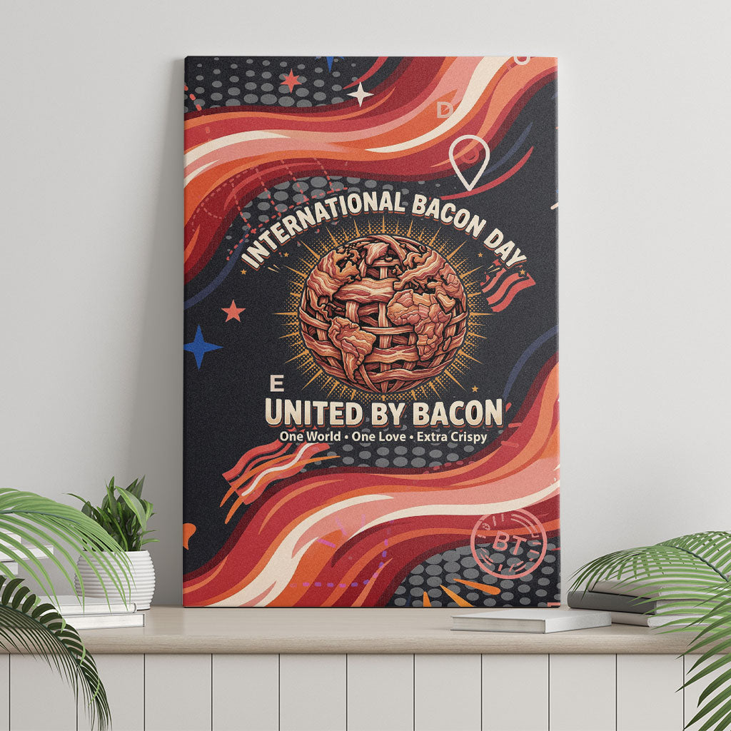 International Bacon Day United By Bacon Canvas Wall Art Retro Bacon Globe and Cool Bacon Mascot Graphic