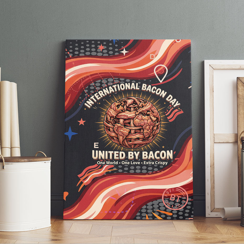 International Bacon Day United By Bacon Canvas Wall Art Retro Bacon Globe and Cool Bacon Mascot Graphic