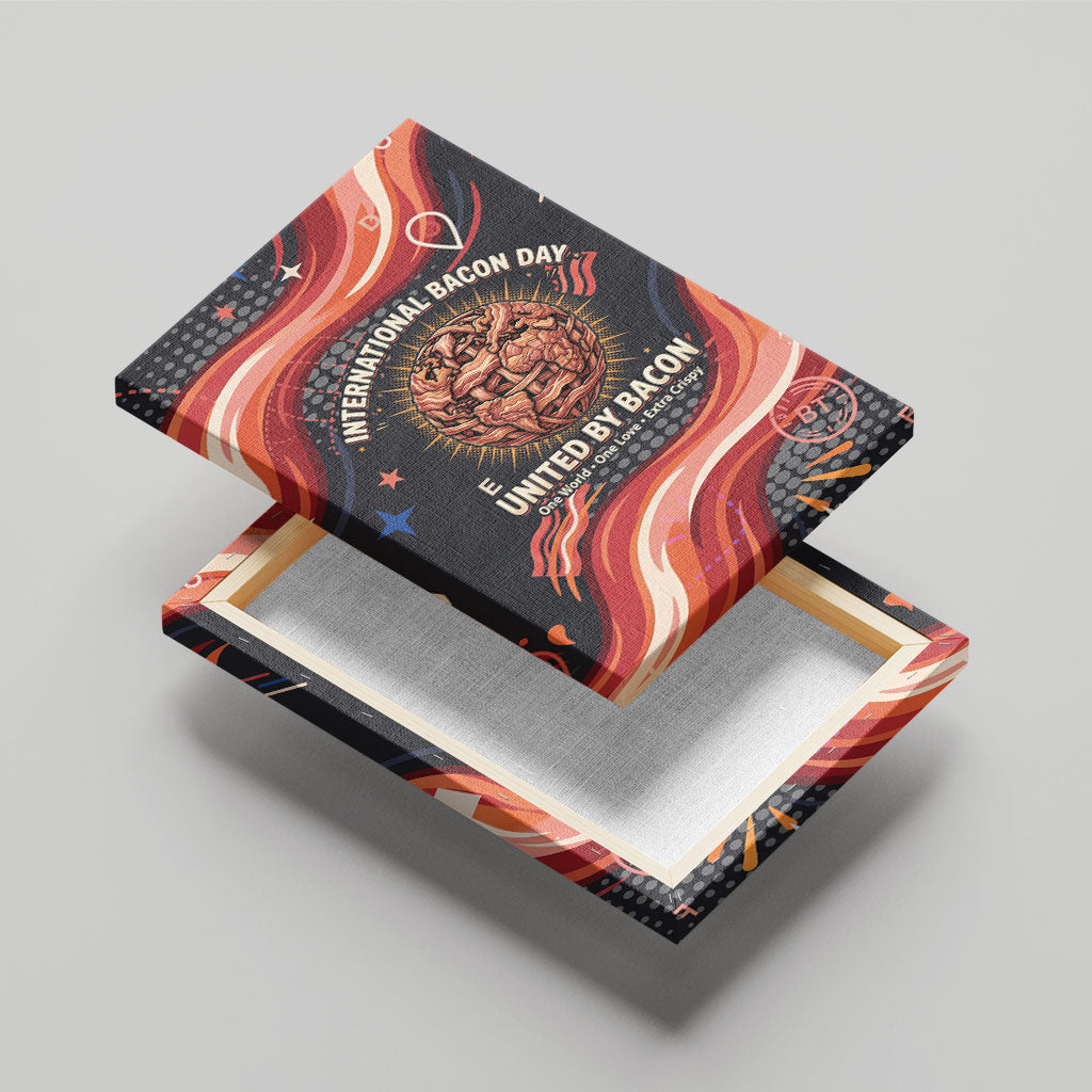 International Bacon Day United By Bacon Canvas Wall Art Retro Bacon Globe and Cool Bacon Mascot Graphic