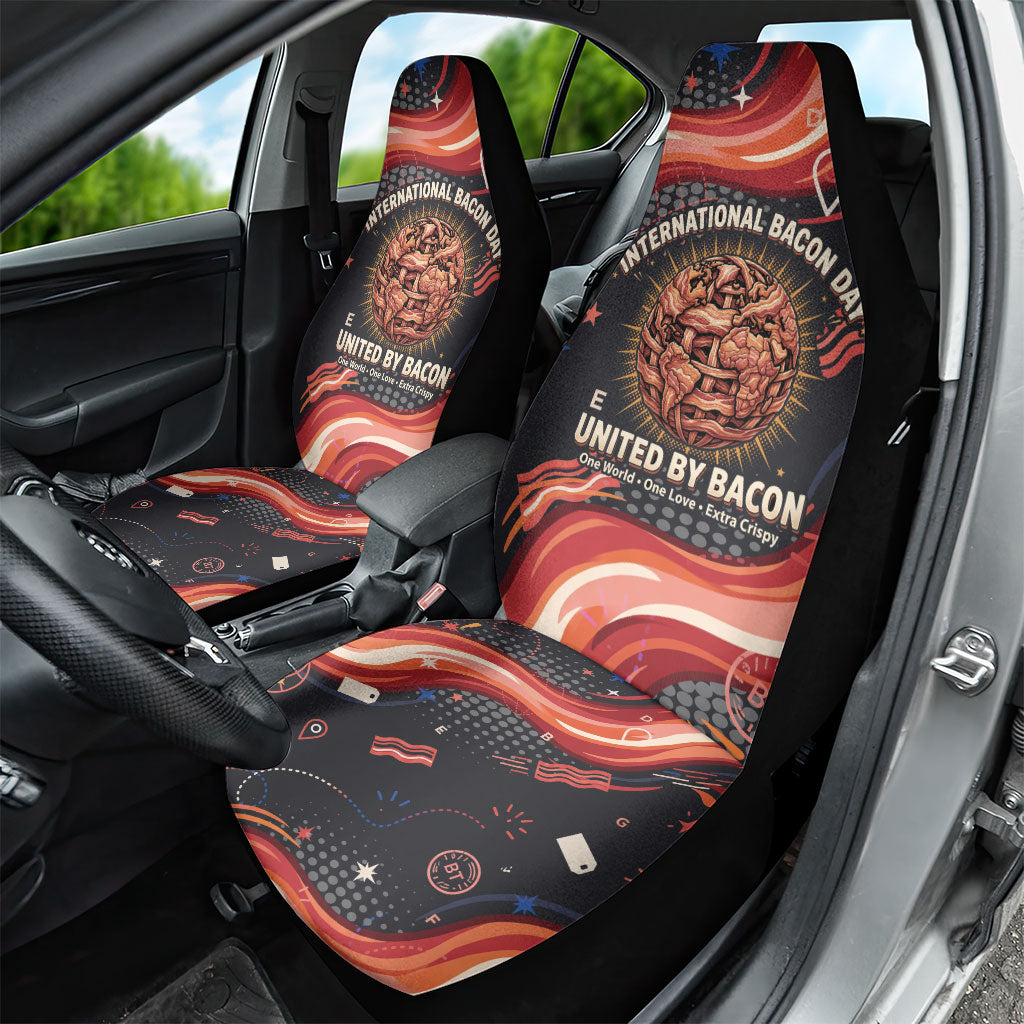 International Bacon Day United By Bacon Car Seat Cover Retro Bacon Globe and Cool Bacon Mascot Graphic