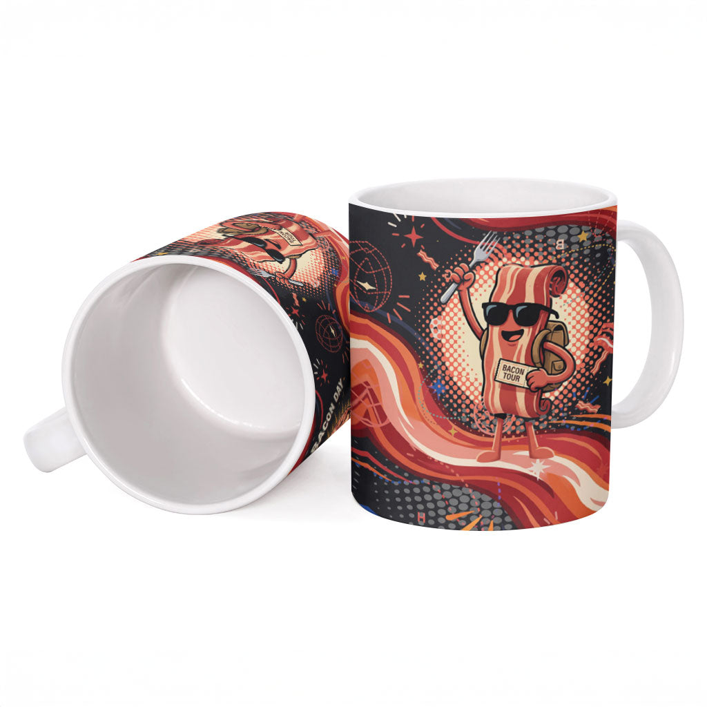 International Bacon Day United By Bacon Ceramic Mug Retro Bacon Globe and Cool Bacon Mascot Graphic
