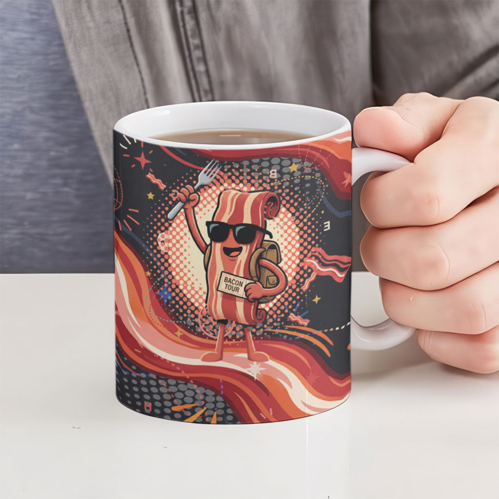 International Bacon Day United By Bacon Ceramic Mug Retro Bacon Globe and Cool Bacon Mascot Graphic