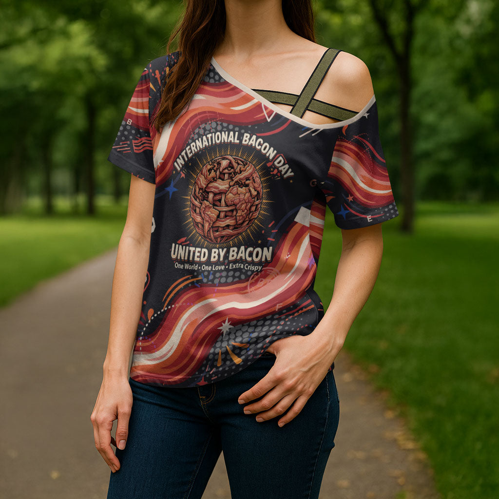 International Bacon Day United By Bacon Cross Shoulder Shirt Retro Bacon Globe and Cool Bacon Mascot Graphic