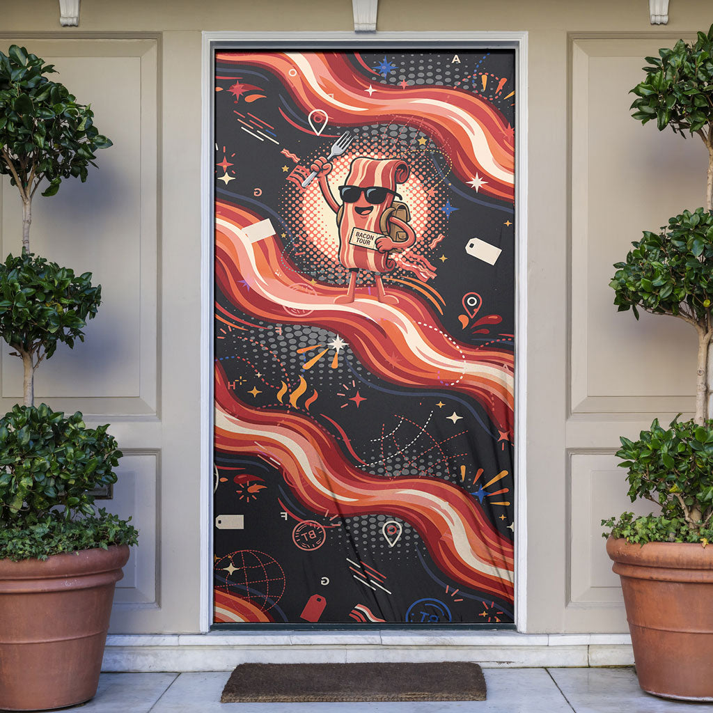 International Bacon Day United By Bacon Door Cover Retro Bacon Globe and Cool Bacon Mascot Graphic