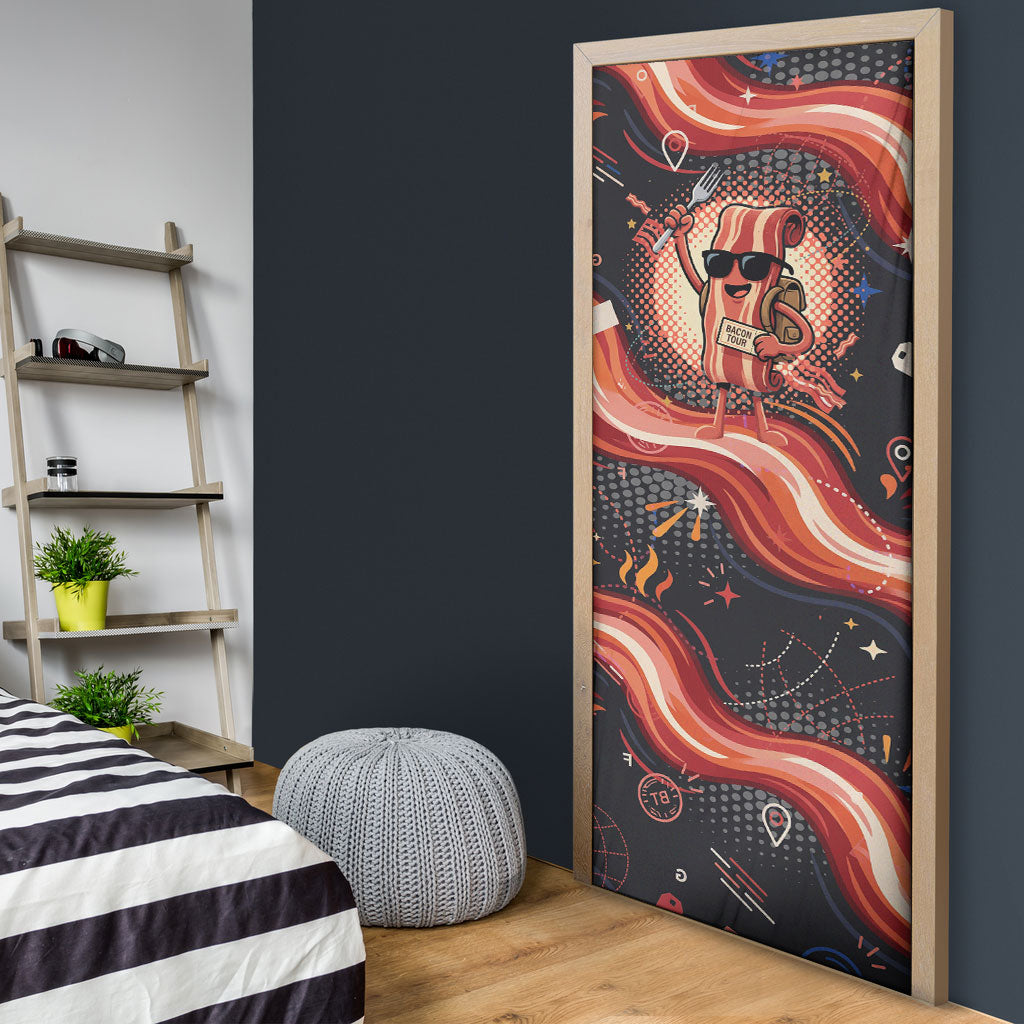 International Bacon Day United By Bacon Door Cover Retro Bacon Globe and Cool Bacon Mascot Graphic