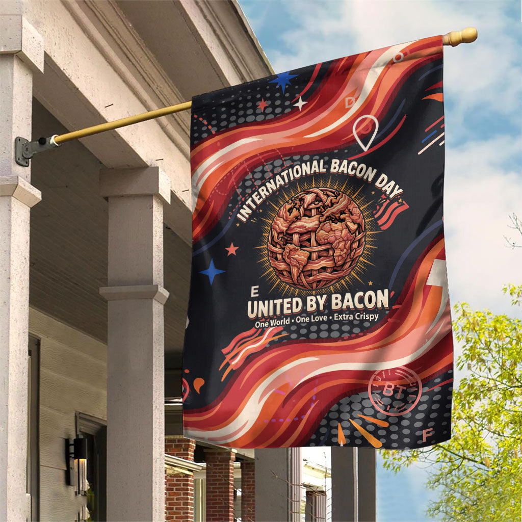 International Bacon Day United By Bacon Garden Flag Retro Bacon Globe and Cool Bacon Mascot Graphic