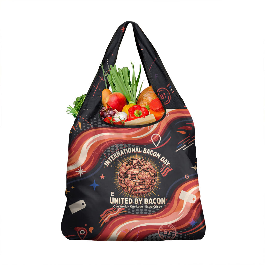 International Bacon Day United By Bacon Grocery Bag Retro Bacon Globe and Cool Bacon Mascot Graphic
