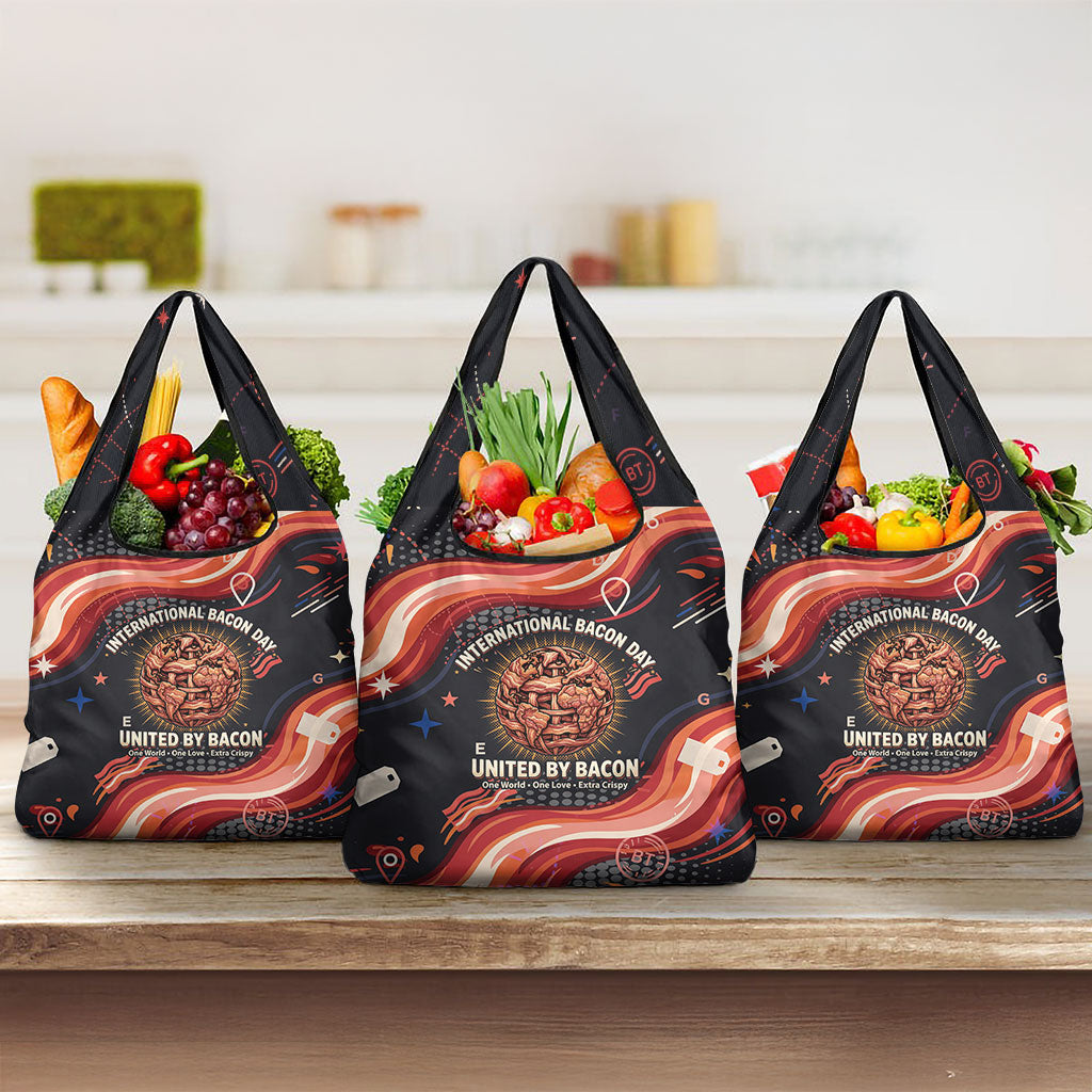 International Bacon Day United By Bacon Grocery Bag Retro Bacon Globe and Cool Bacon Mascot Graphic