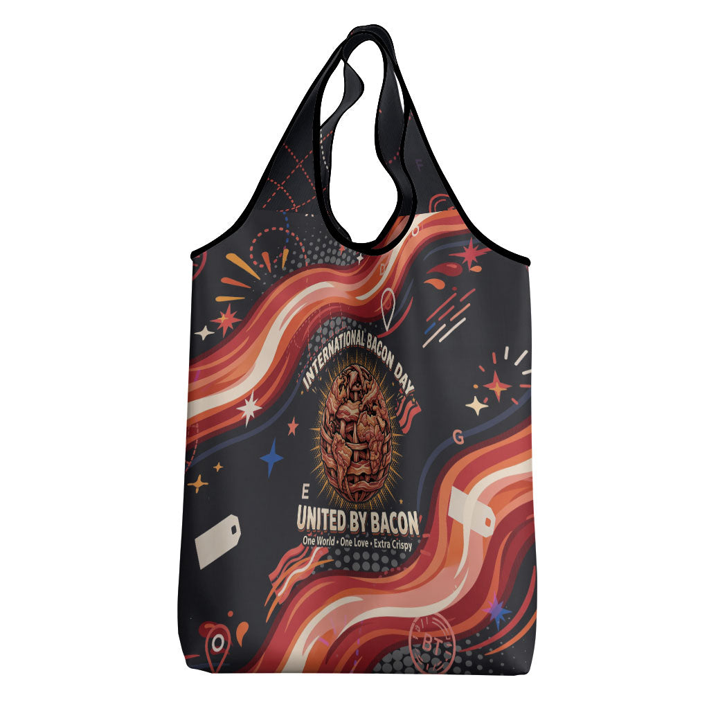 International Bacon Day United By Bacon Grocery Bag Retro Bacon Globe and Cool Bacon Mascot Graphic
