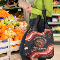 International Bacon Day United By Bacon Grocery Bag Retro Bacon Globe and Cool Bacon Mascot Graphic