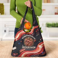 International Bacon Day United By Bacon Grocery Bag Retro Bacon Globe and Cool Bacon Mascot Graphic