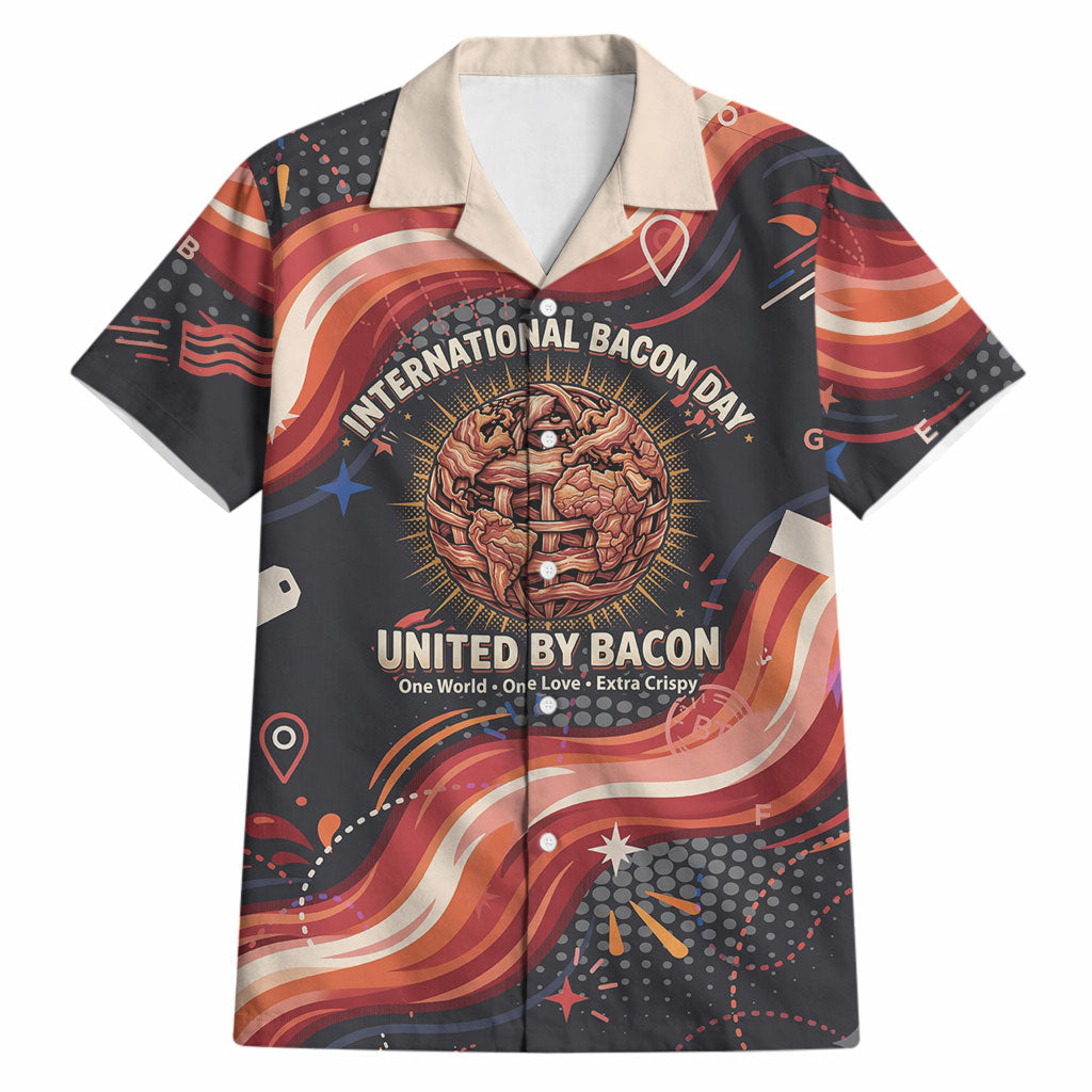 International Bacon Day United By Bacon Hawaiian Shirt Retro Bacon Globe and Cool Bacon Mascot Graphic