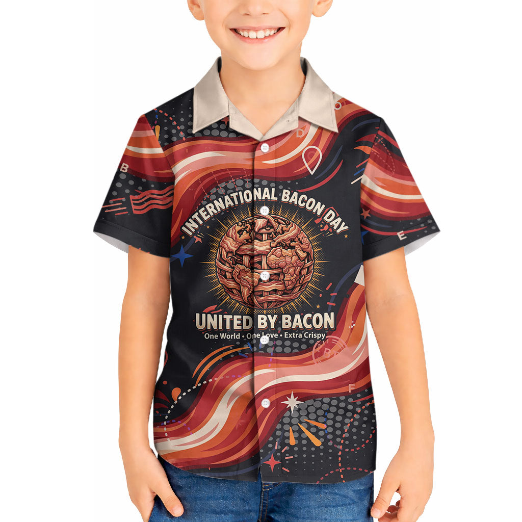 International Bacon Day United By Bacon Hawaiian Shirt Retro Bacon Globe and Cool Bacon Mascot Graphic