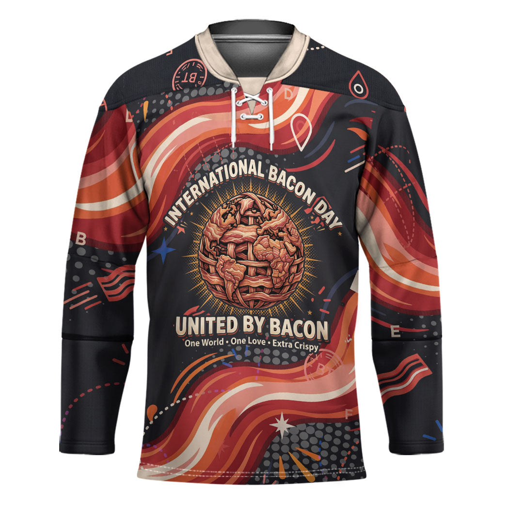 International Bacon Day United By Bacon Hockey Jersey Retro Bacon Globe and Cool Bacon Mascot Graphic