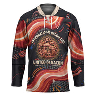 International Bacon Day United By Bacon Hockey Jersey Retro Bacon Globe and Cool Bacon Mascot Graphic