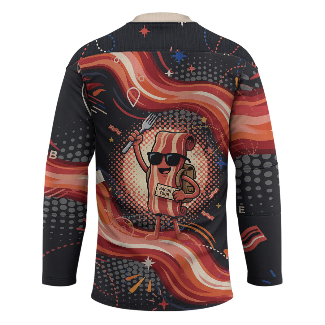 International Bacon Day United By Bacon Hockey Jersey Retro Bacon Globe and Cool Bacon Mascot Graphic