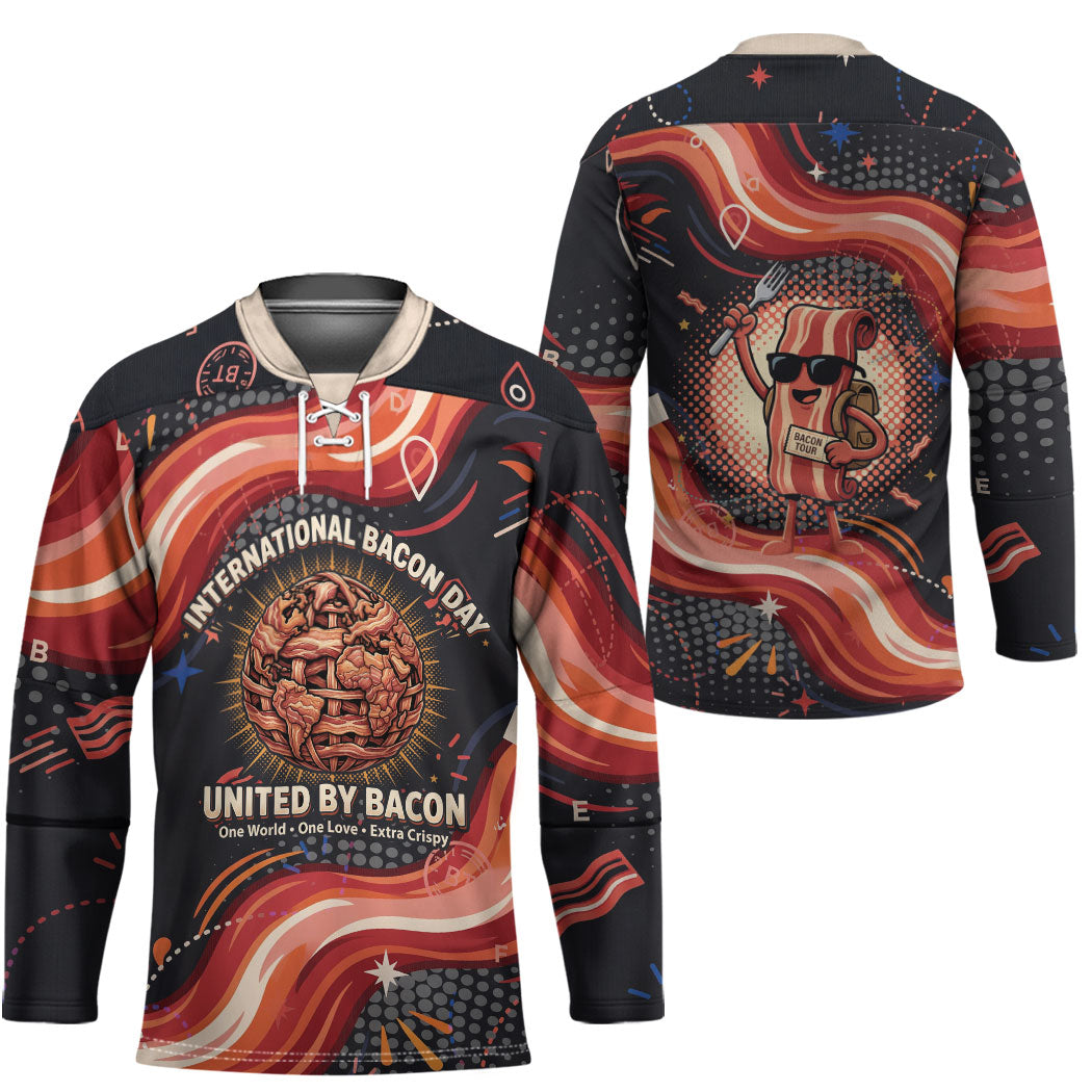 International Bacon Day United By Bacon Hockey Jersey Retro Bacon Globe and Cool Bacon Mascot Graphic