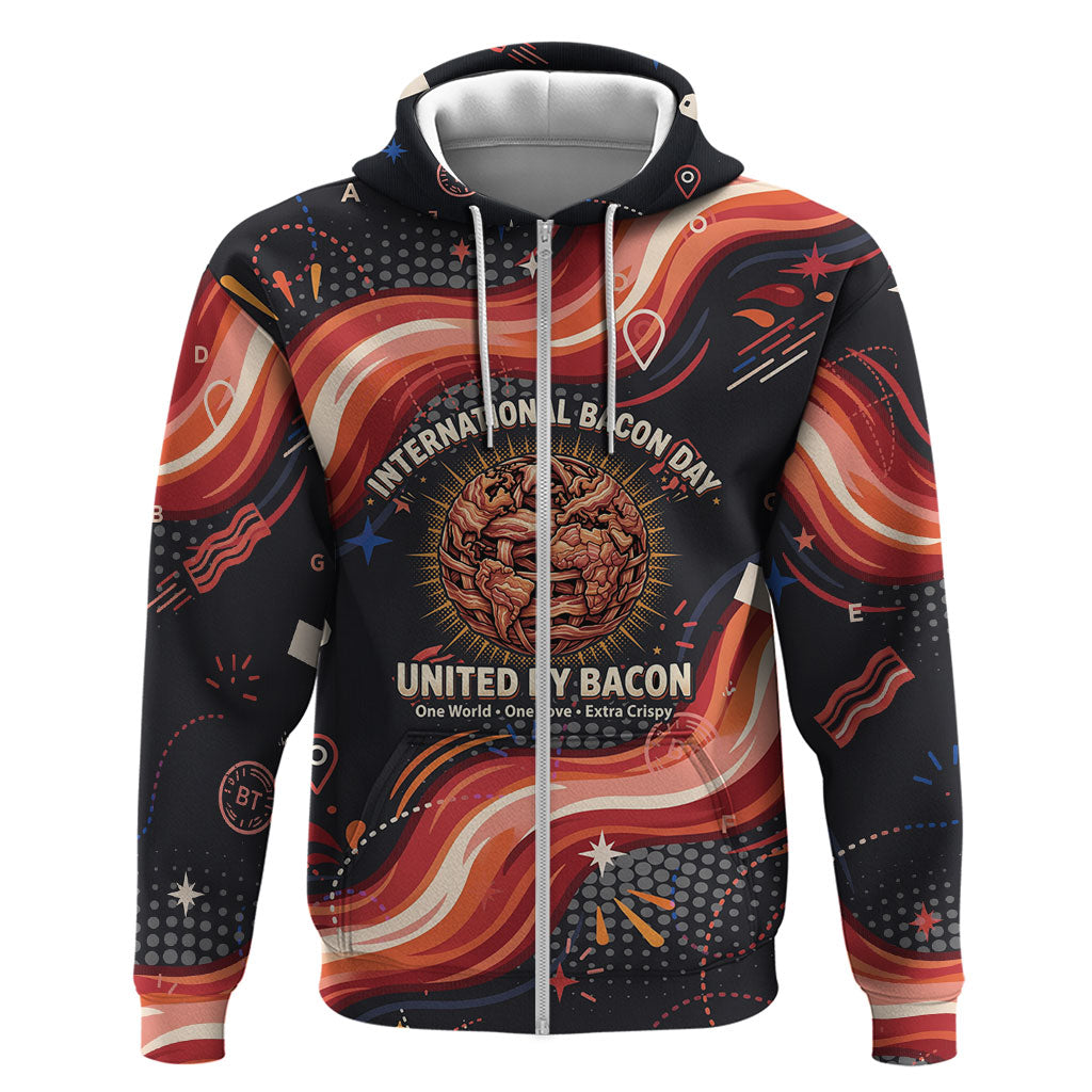 International Bacon Day United By Bacon Hoodie Retro Bacon Globe and Cool Bacon Mascot Graphic