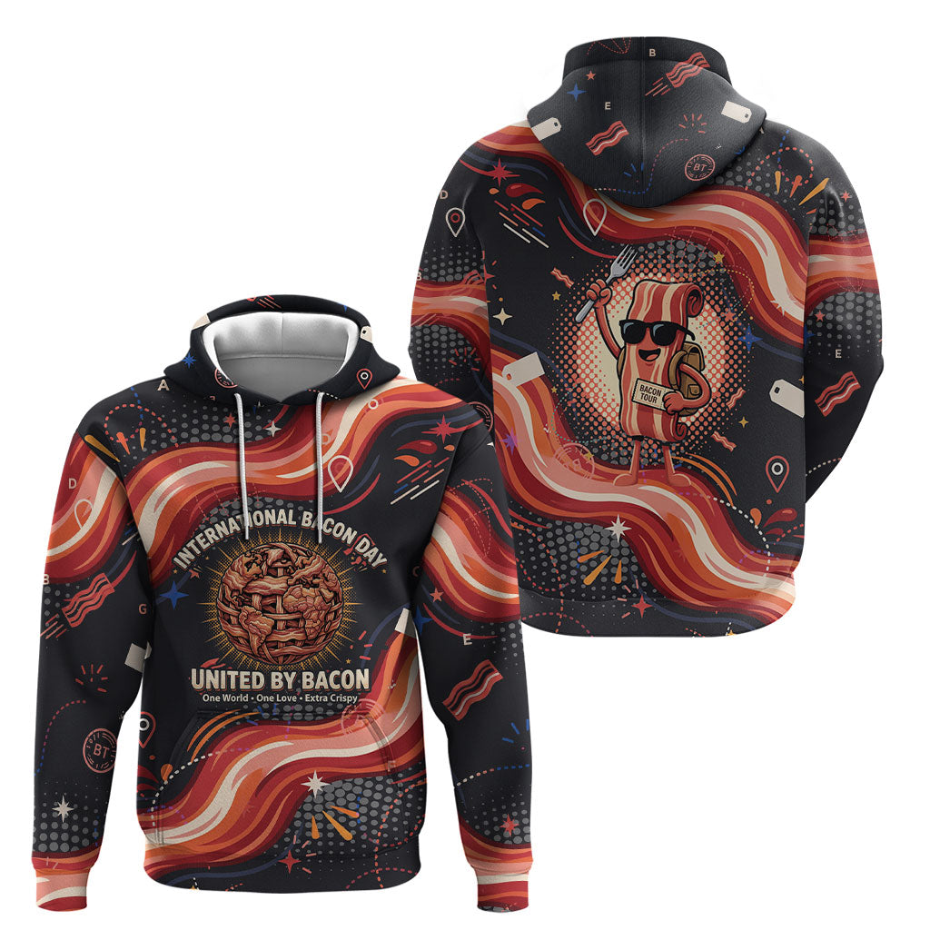 International Bacon Day United By Bacon Hoodie Retro Bacon Globe and Cool Bacon Mascot Graphic