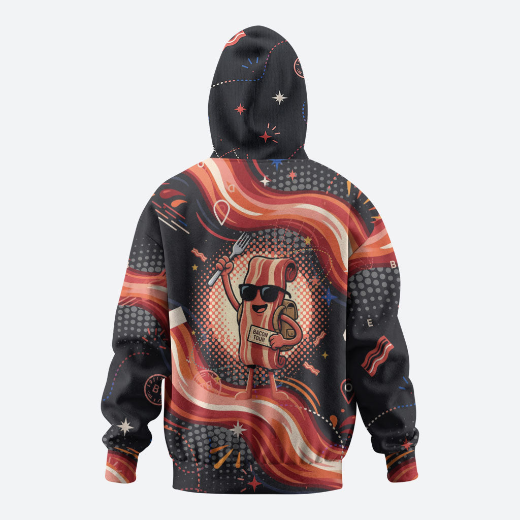 International Bacon Day United By Bacon Hoodie Retro Bacon Globe and Cool Bacon Mascot Graphic